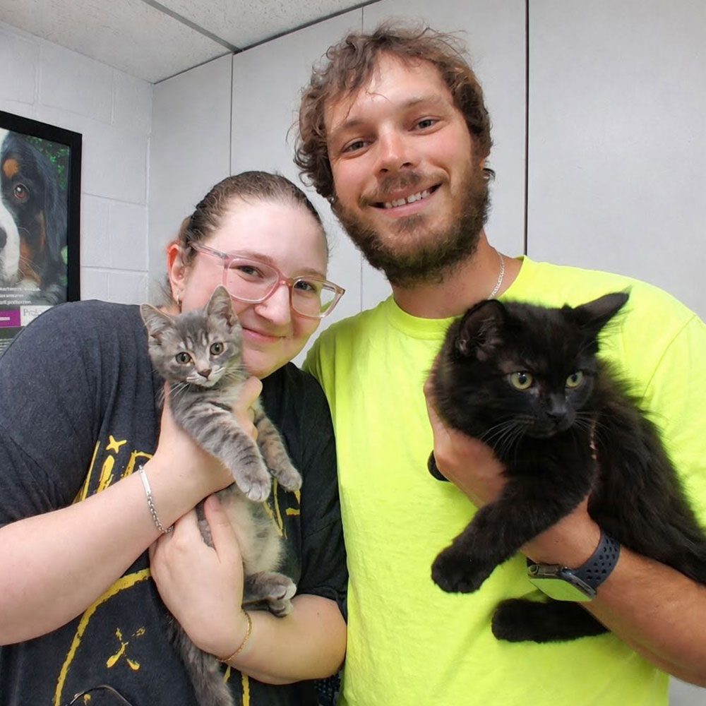 male and female posing with two cats